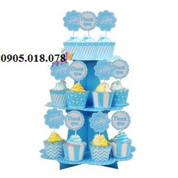 Tháp Bánh Cupcake Sinh Nhật Chủ Đề Xanh Dương