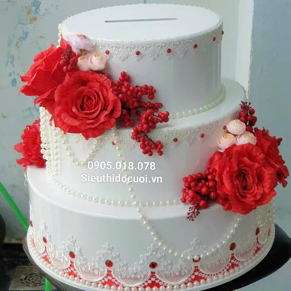 Thùng tiền đám cưới hình bánh kem 3 tầng