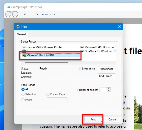 Chuyển đổi chế độ máy in sang PDF hoặc XPS
