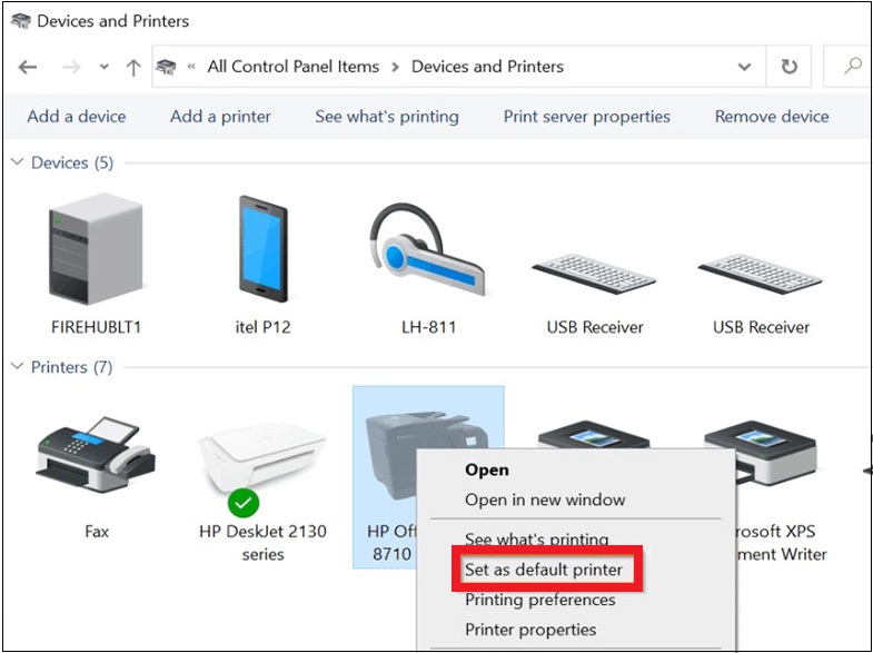 đặt máy in làm mặc định