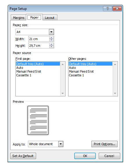 in đủ trang trong word