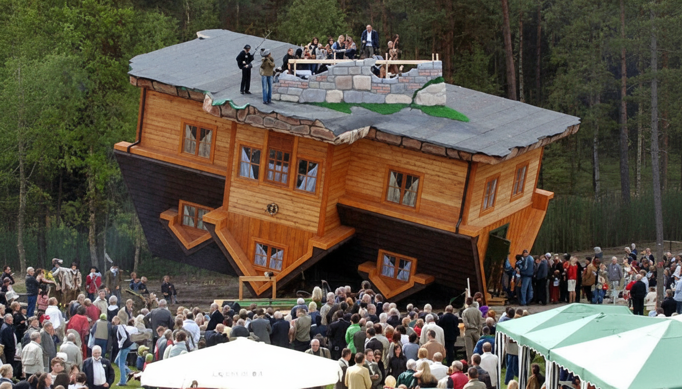 Ngôi nhà khiến người ta liên tưởng đến một thế giới đang đảo lộn. Ngôi nhà khiến người ta liên tưởng đến một thế giới đang đảo lộn.