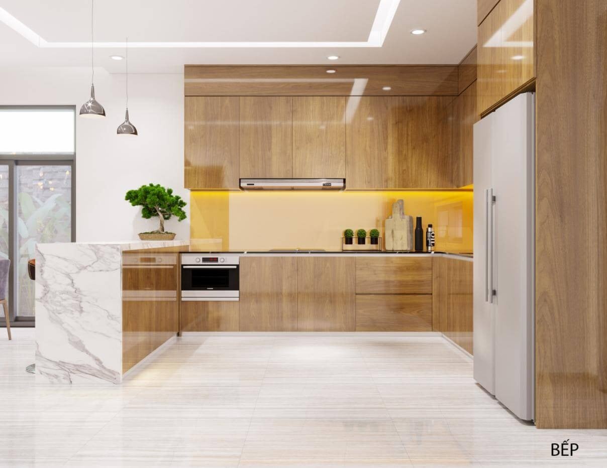 20+ Mẫu tủ bếp c&aacute;nh Acrylic v&acirc;n gỗ đẹp, hiện đại, bền v&agrave; sang trọng