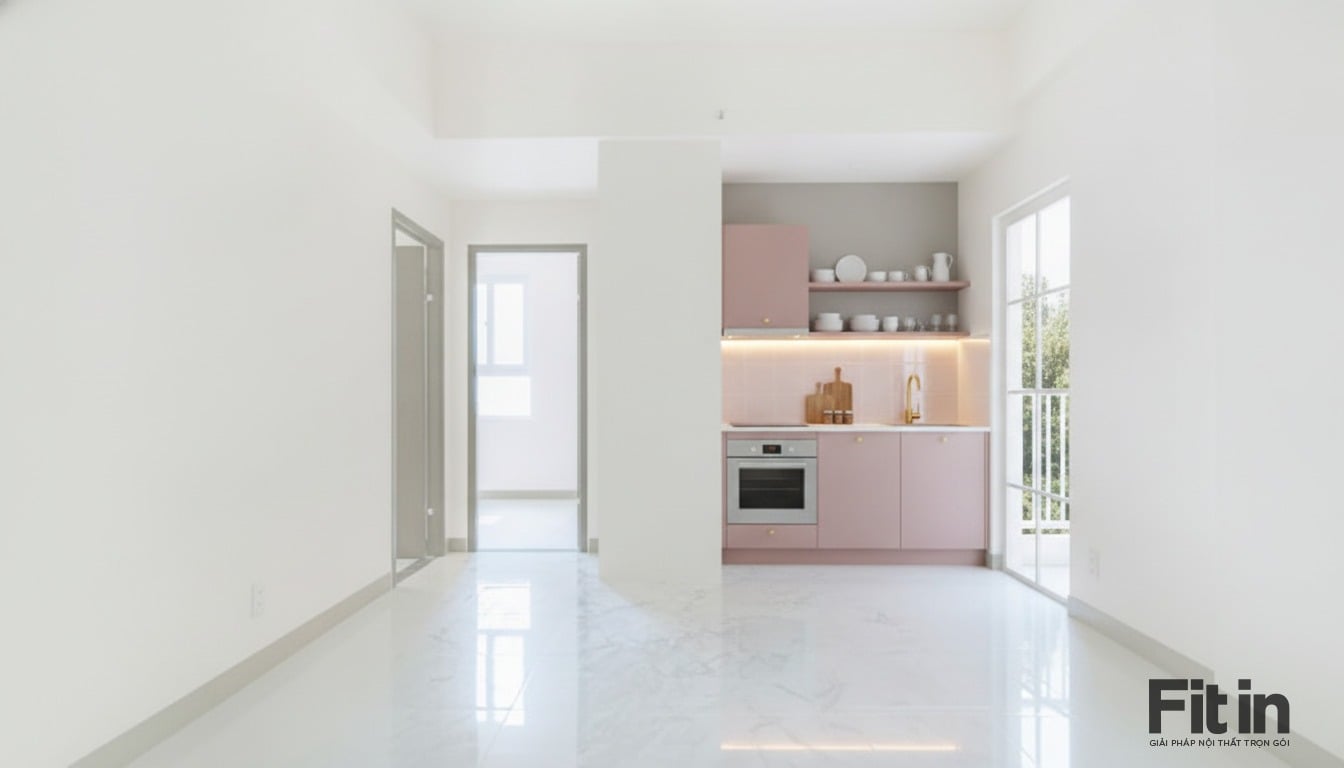 Mẫu Kệ Tủ Bếp Gỗ MDF Chống Ẩm An Cường M&agrave;u Hồng Hiện Đại