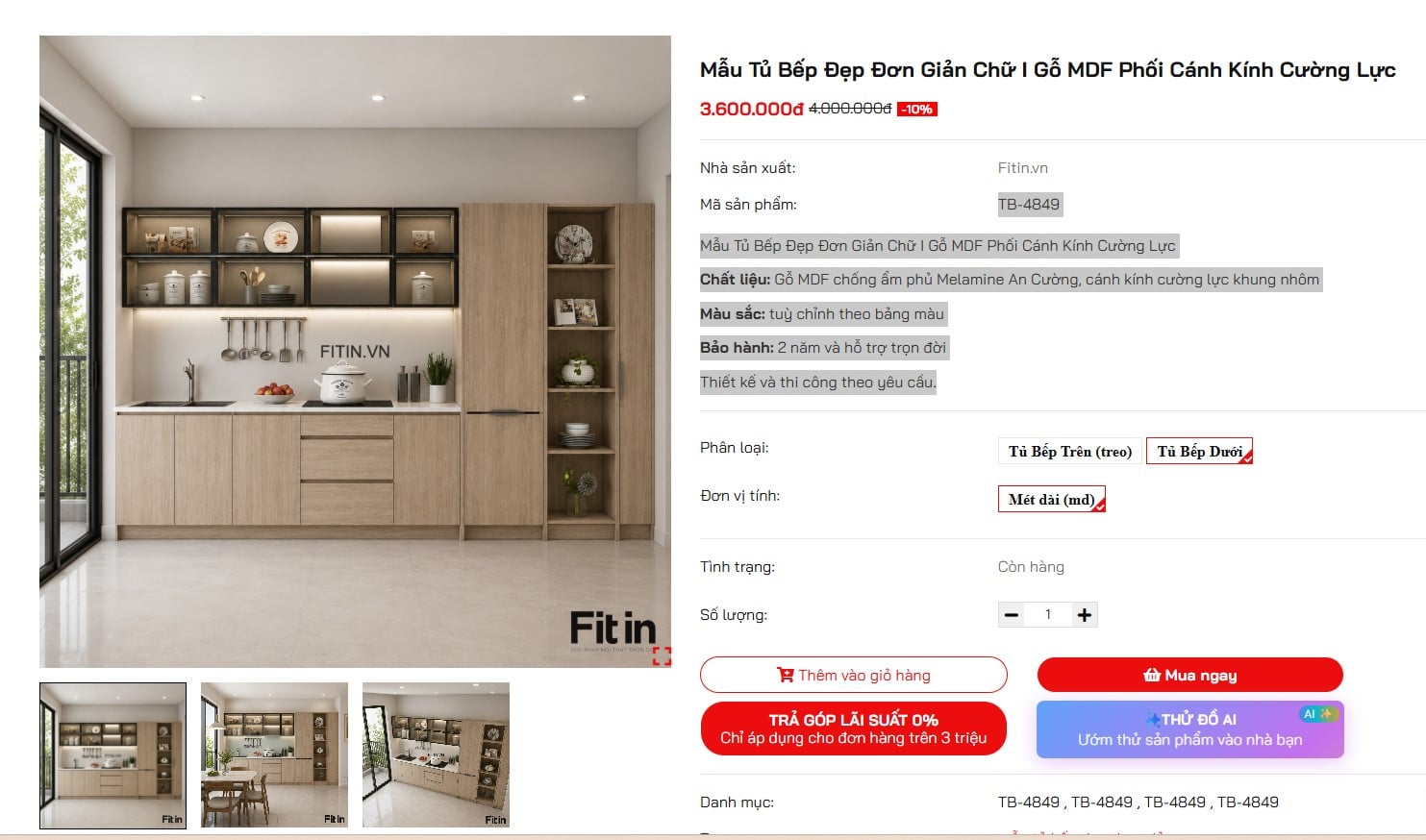Mẫu Tủ Bếp Đẹp Đơn Giản Chữ I Gỗ MDF Phối C&aacute;nh K&iacute;nh Cường Lực