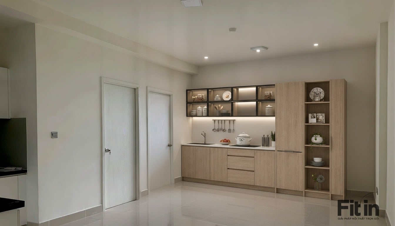 Mẫu Tủ Bếp Đẹp Đơn Giản Chữ I Gỗ MDF Phối C&aacute;nh K&iacute;nh Cường Lực