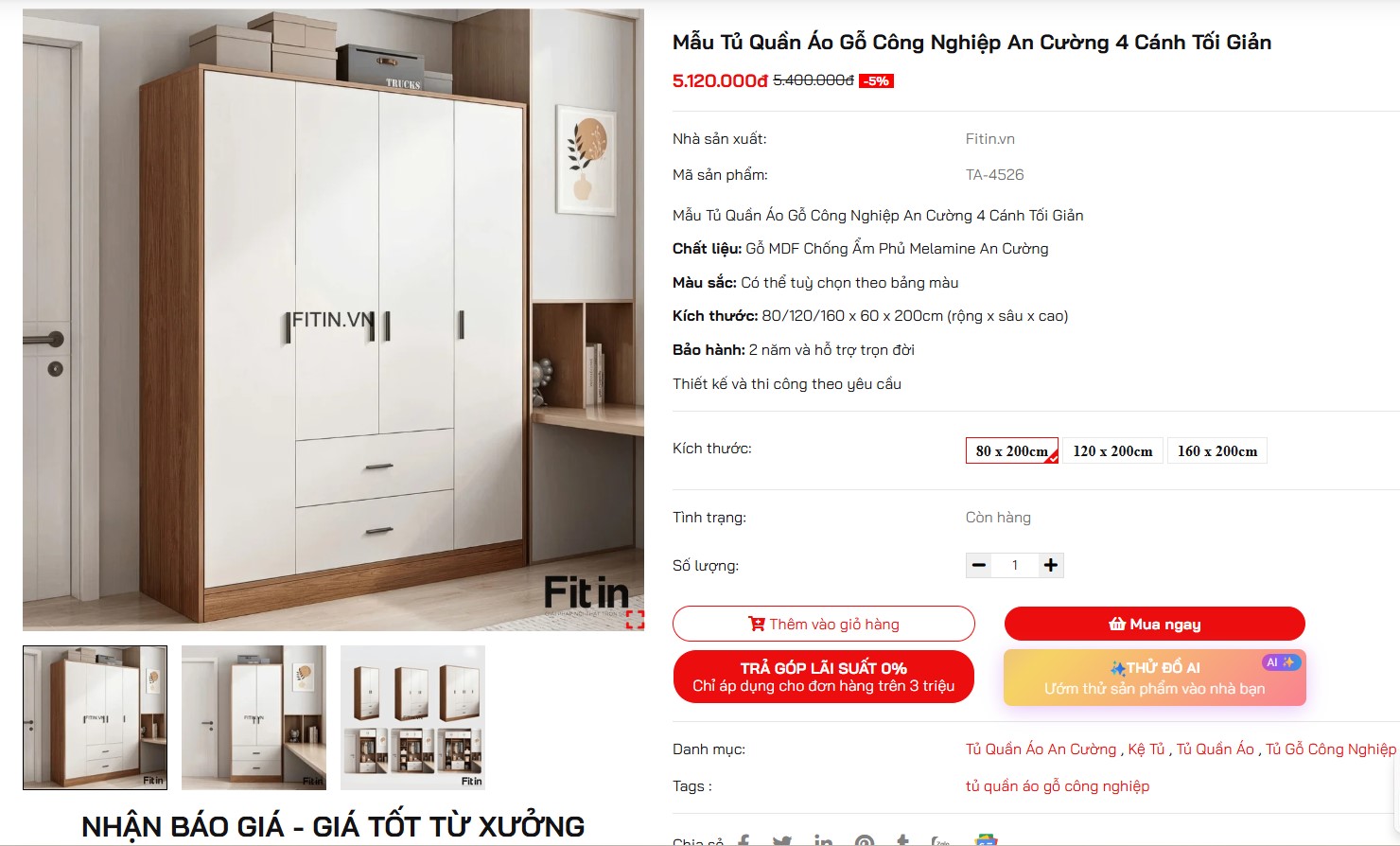 Mẫu Tủ Quần &Aacute;o Gỗ C&ocirc;ng Nghiệp An Cường 4 C&aacute;nh Tối Giản 