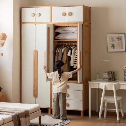 Mẫu Tủ Quần Áo Trẻ Em Gỗ Sồi Kiểu Chân Cao Hiện Đại Chất Lượng