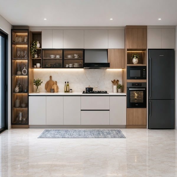 Tủ bếp MDF chống ẩm An Cường phối cánh kính