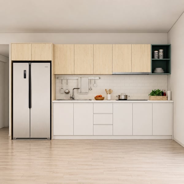 Tủ bếp chữ I MDF phủ Laminate vàng phối trắng