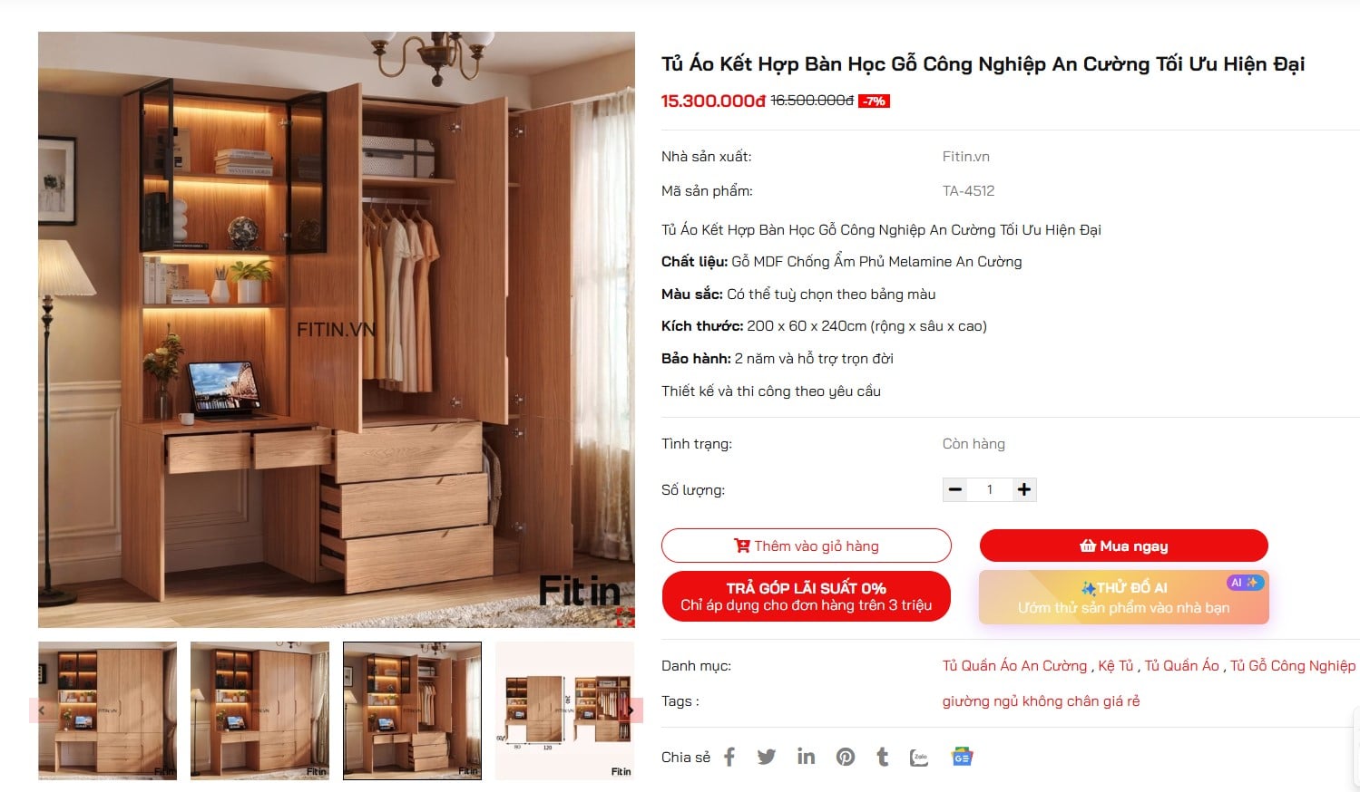 Tủ &Aacute;o Kết Hợp B&agrave;n Học Gỗ C&ocirc;ng Nghiệp An Cường Tối Ưu Hiện Đại