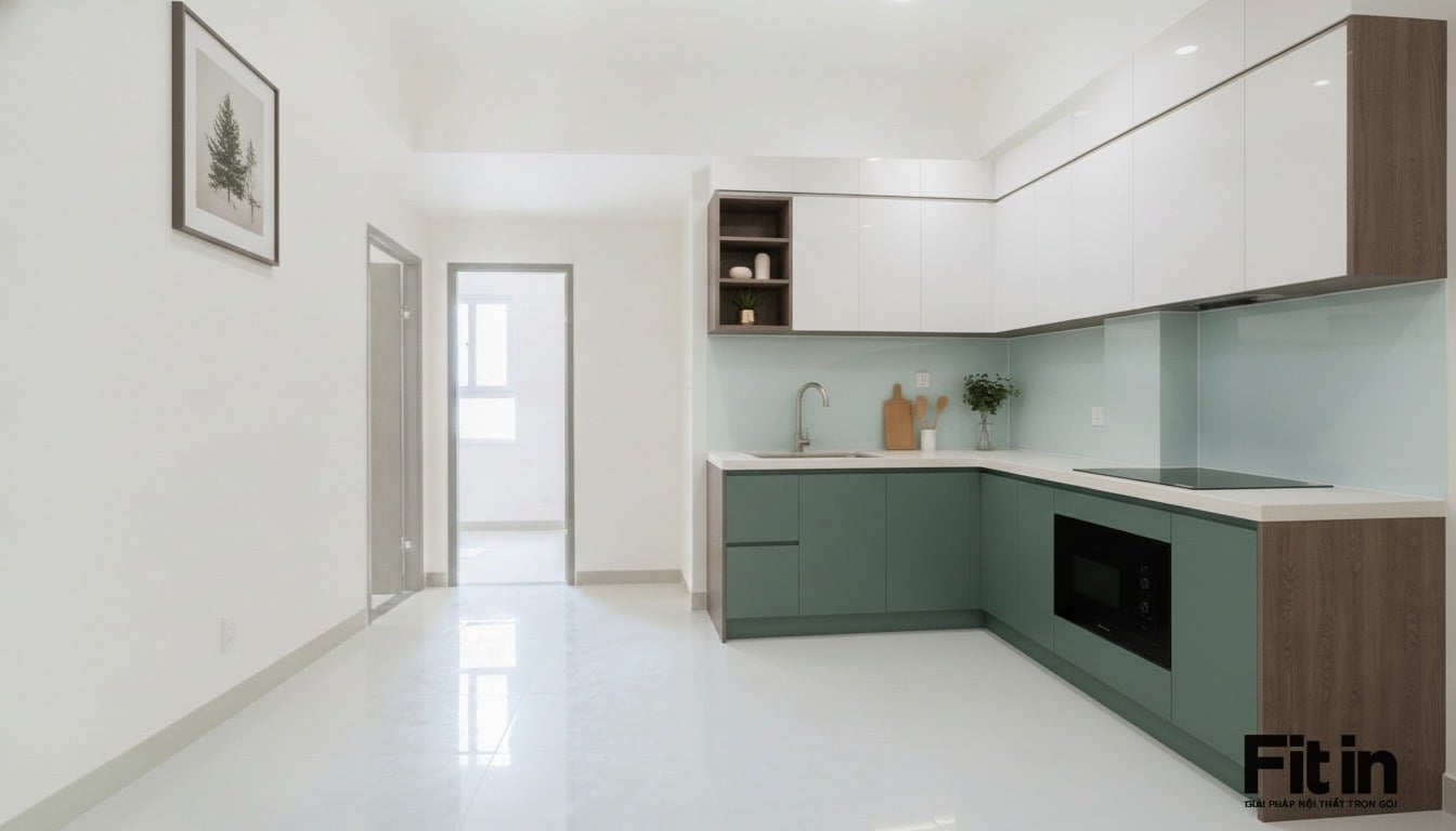Tủ Bếp Chữ L Đơn Giản Gỗ MDF Phủ Melamine Chống Ẩm An Cường