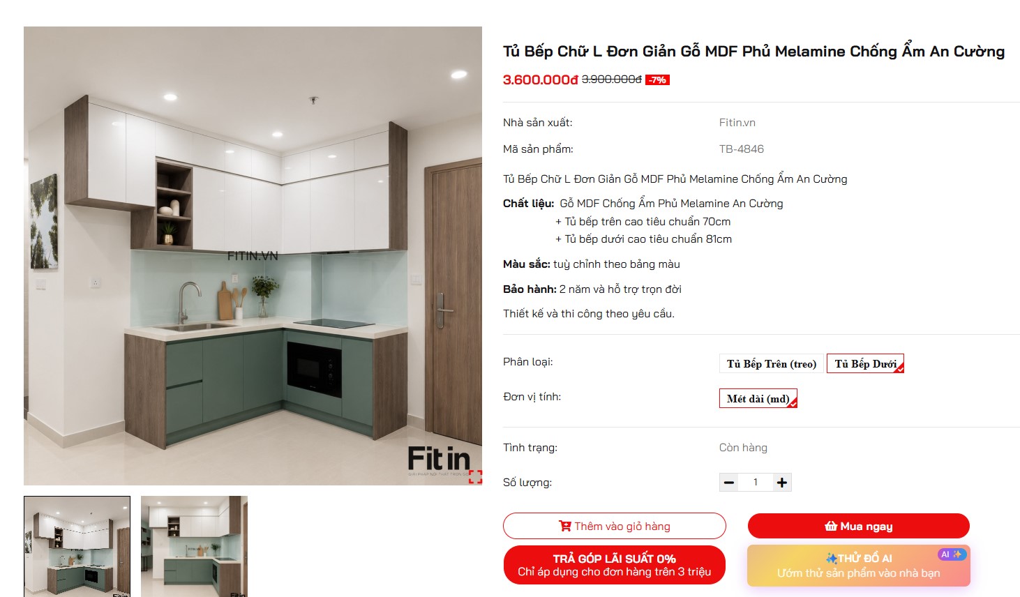 Tủ Bếp Chữ L Đơn Giản Gỗ MDF Phủ Melamine Chống Ẩm An Cường