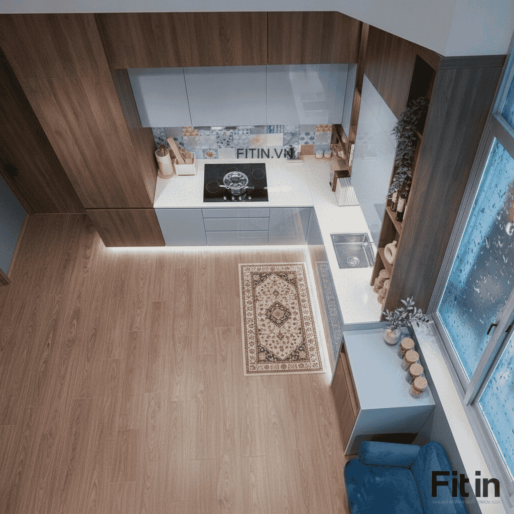 Tủ Bếp Gỗ C&ocirc;ng Nghiệp An Cường Kịch Trần Phối C&aacute;nh Acrylic 