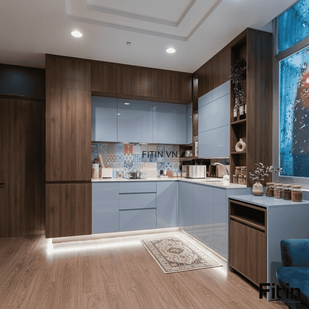 Tủ Bếp Gỗ C&ocirc;ng Nghiệp An Cường Kịch Trần Phối C&aacute;nh Acrylic 