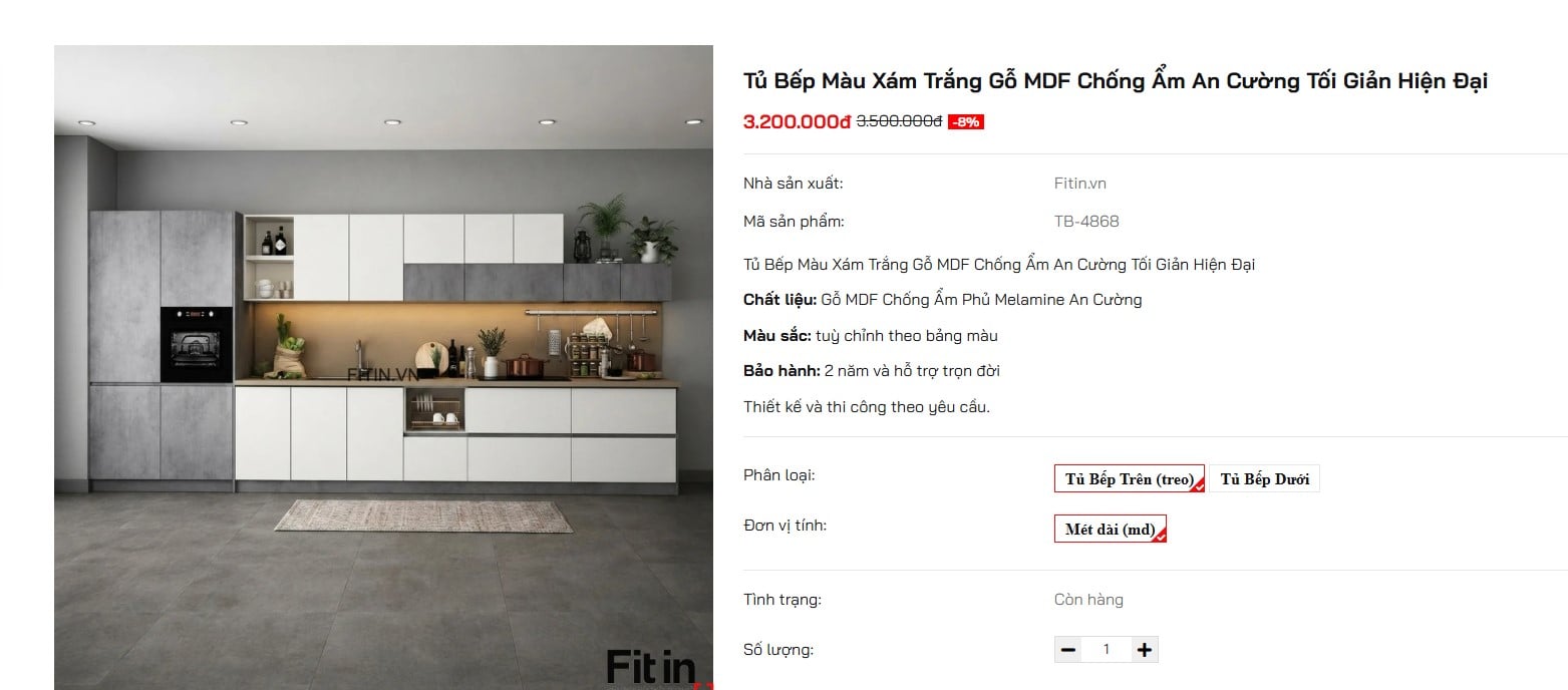Tủ Bếp M&agrave;u X&aacute;m Trắng Gỗ MDF Chống Ẩm An Cường Tối Giản Hiện Đại