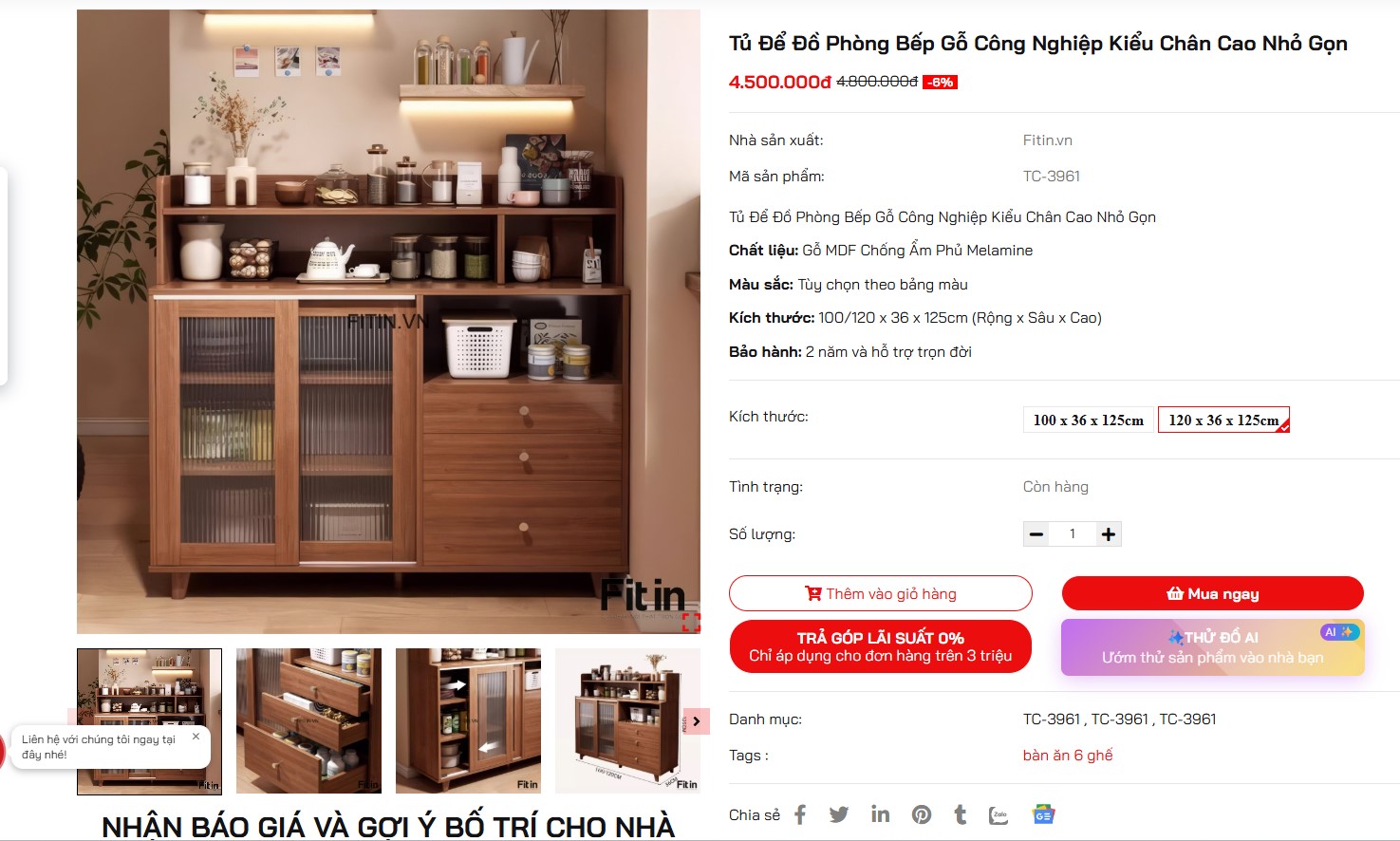 Tủ Để Đồ Ph&ograve;ng Bếp Gỗ C&ocirc;ng Nghiệp Kiểu Ch&acirc;n Cao Nhỏ Gọn