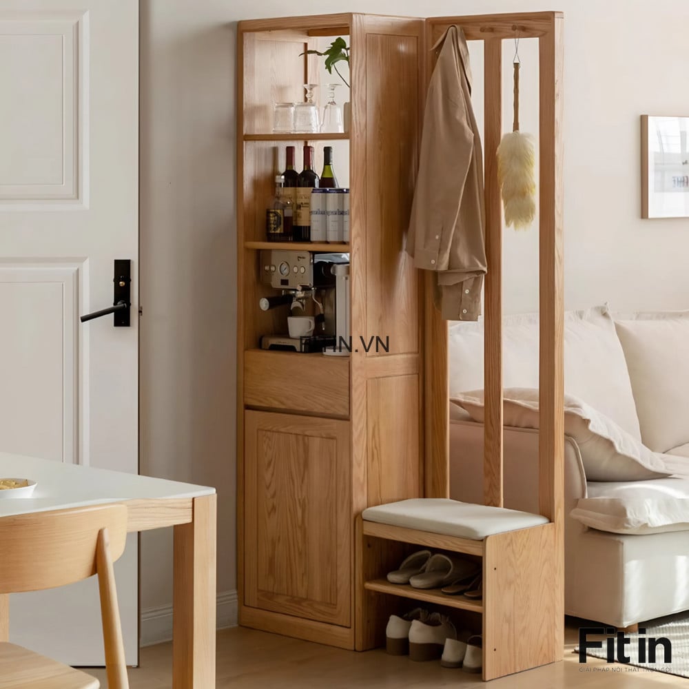 Tủ Gi&agrave;y Kết Hợp V&aacute;ch Ngăn Ph&ograve;ng Kh&aacute;ch Gỗ Gh&eacute;p Phủ Veneer Sồi