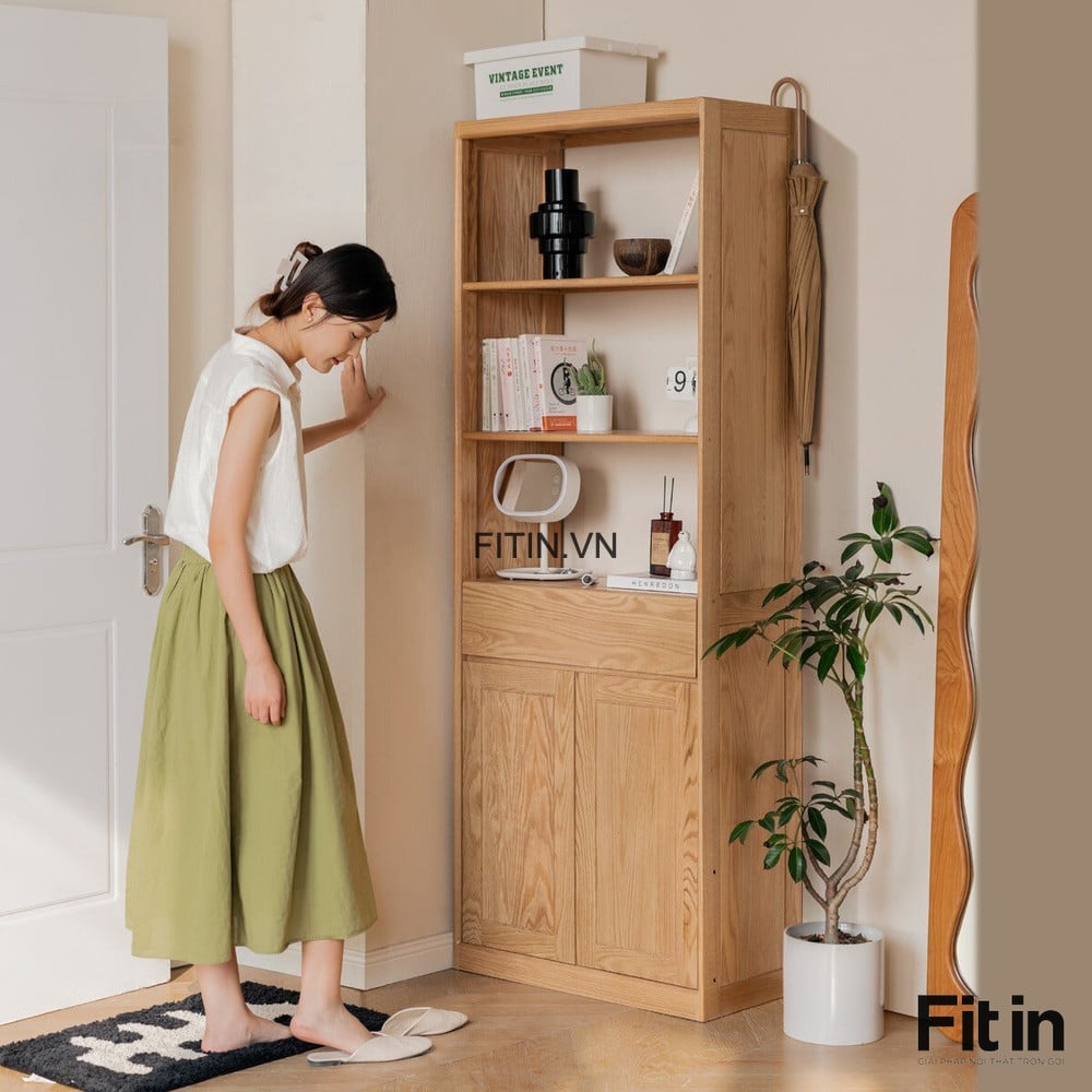 Tủ Gi&agrave;y Kết Hợp V&aacute;ch Ngăn Ph&ograve;ng Kh&aacute;ch Gỗ Gh&eacute;p Phủ Veneer Sồi