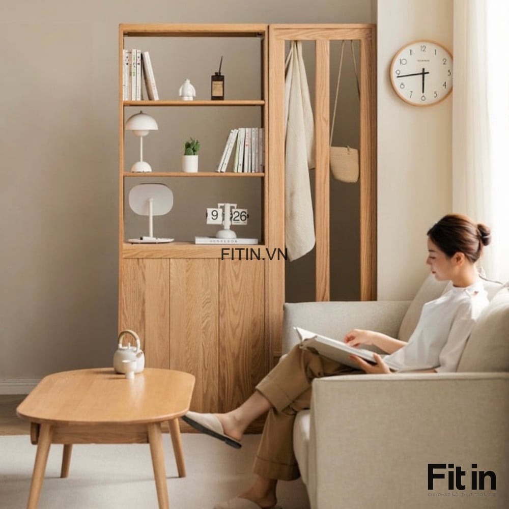 Tủ Gi&agrave;y Kết Hợp V&aacute;ch Ngăn Ph&ograve;ng Kh&aacute;ch Gỗ Gh&eacute;p Phủ Veneer Sồi