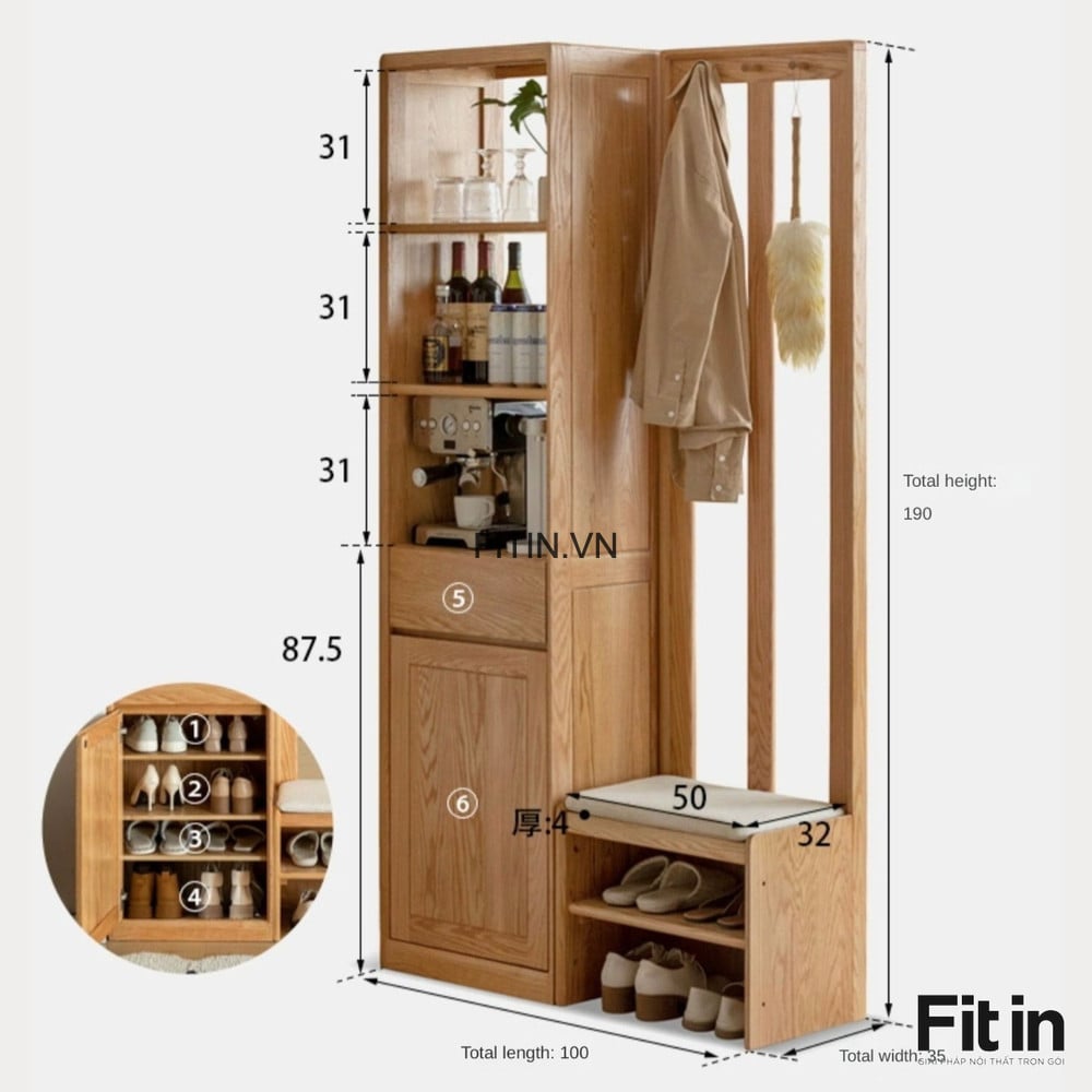 Tủ Gi&agrave;y Kết Hợp V&aacute;ch Ngăn Ph&ograve;ng Kh&aacute;ch Gỗ Gh&eacute;p Phủ Veneer Sồi