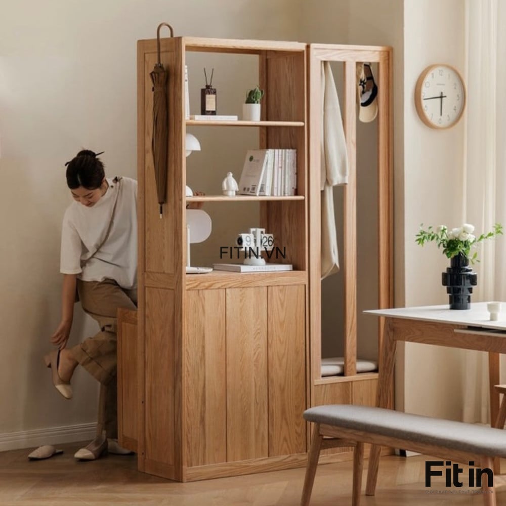 Tủ Gi&agrave;y Kết Hợp V&aacute;ch Ngăn Ph&ograve;ng Kh&aacute;ch Gỗ Gh&eacute;p Phủ Veneer Sồi