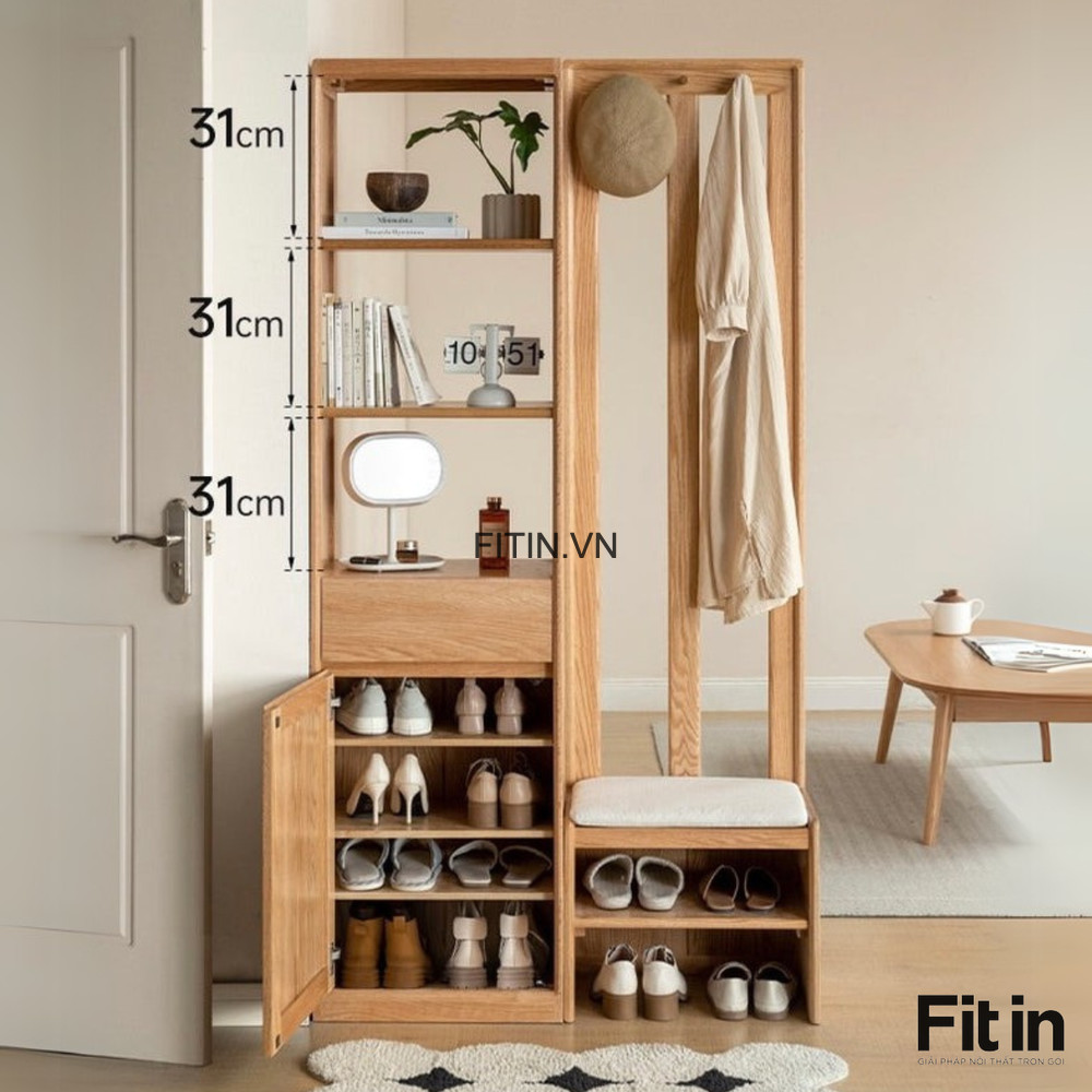 Tủ Gi&agrave;y Kết Hợp V&aacute;ch Ngăn Ph&ograve;ng Kh&aacute;ch Gỗ Gh&eacute;p Phủ Veneer Sồi