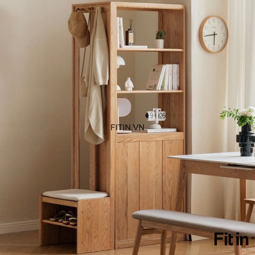 Tủ Gi&agrave;y Kết Hợp V&aacute;ch Ngăn Ph&ograve;ng Kh&aacute;ch Gỗ Gh&eacute;p Phủ Veneer Sồi