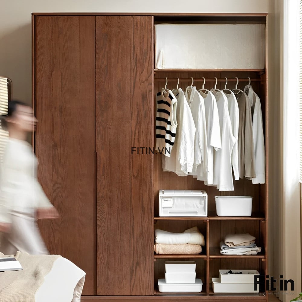Tủ Quần &Aacute;o Gỗ Sồi 2 Tầng Cửa L&ugrave;a M&agrave;u &Oacute;c Ch&oacute; Đẹp Hiện Đại 