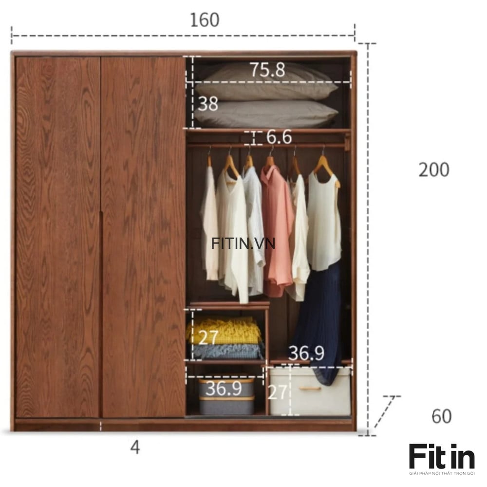 Tủ Quần &Aacute;o Gỗ Sồi 2 Tầng Cửa L&ugrave;a M&agrave;u &Oacute;c Ch&oacute; Đẹp Hiện Đại 
