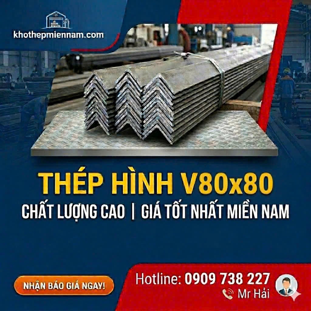 Thép V80 đen cán nóng xếp tại kho hàng xây dựng