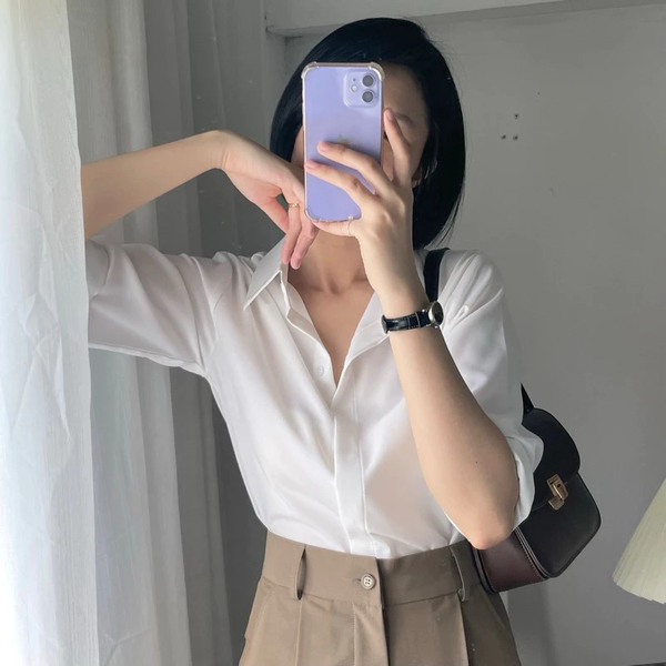 Áo sơ mi trắng nữ tay dài vải Kate Nhật cao cấp thanh lịch - 033