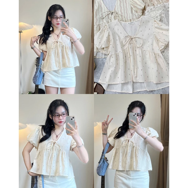 Áo babydoll cổ tim [CHẤT XỊN - ẢNH THẬT] tay phồng dệt hoạ tiết tiểu thư công chúa - 042 -