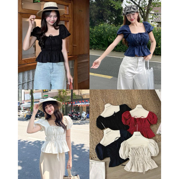 Áo babydoll linen tay phồng thắt nơ phong cách coquette tiểu thư - 018