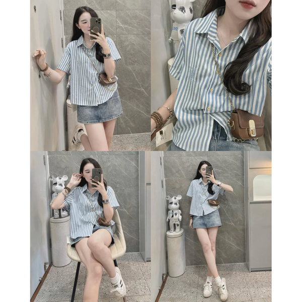 Áo sơ mi nữ kẻ sọc xanh thêu logo chất cotton Oxford cao cấp thanh lịch - 020