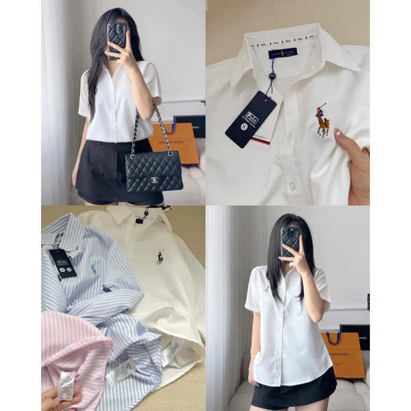 Áo sơ mi croptop kẻ sọc thêu logo nổi bật vải oxford cao cấp - 032