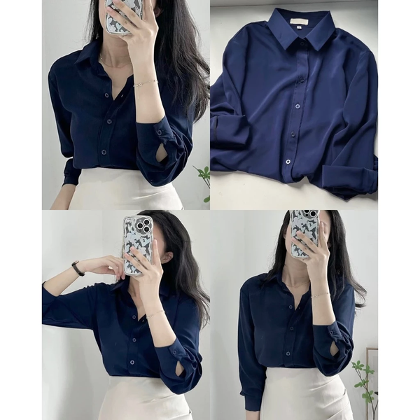 Áo sơ mi nữ xanh than tay dài chất kate Nhật công sở trẻ trung thanh lịch