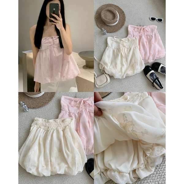 Áo cúp ngực dệt hoa nổi phối nơ tiểu thư màu pastel ngọt ngào - 048