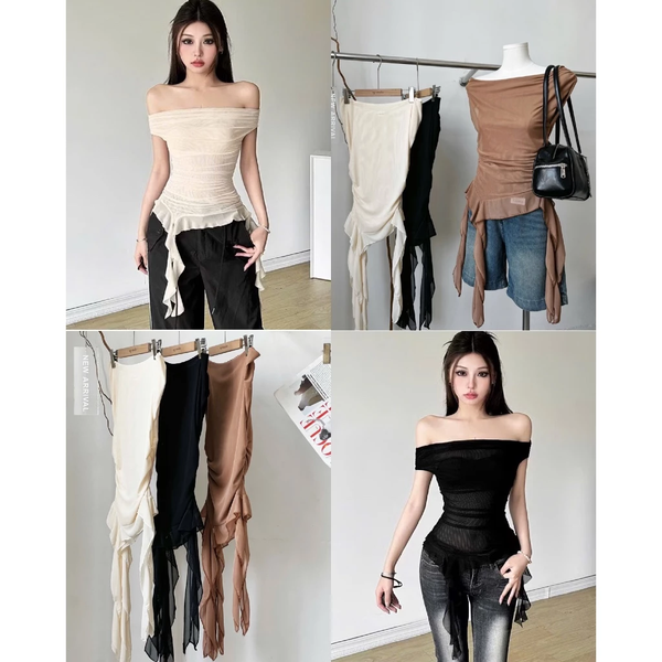 Áo lưới trễ vai sứa Mia ôm body phối tua rua gợi cảm phong cách Hàn Quốc - 056