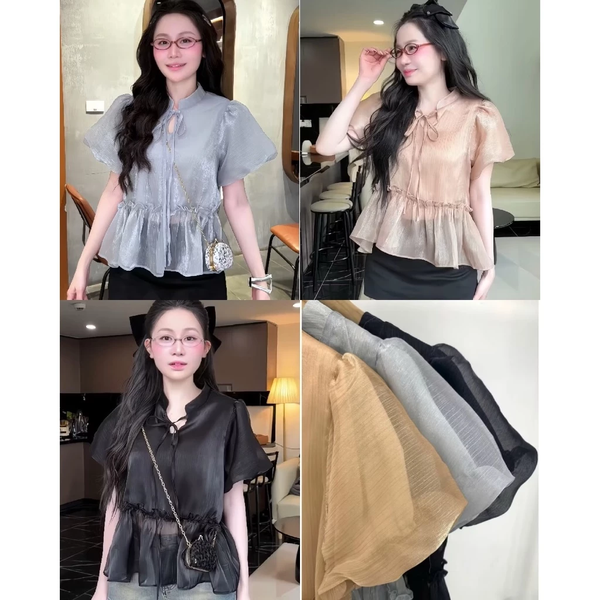 Áo babydoll tơ óng tay bồng thắt nơ tiểu thư duyên dáng - 059