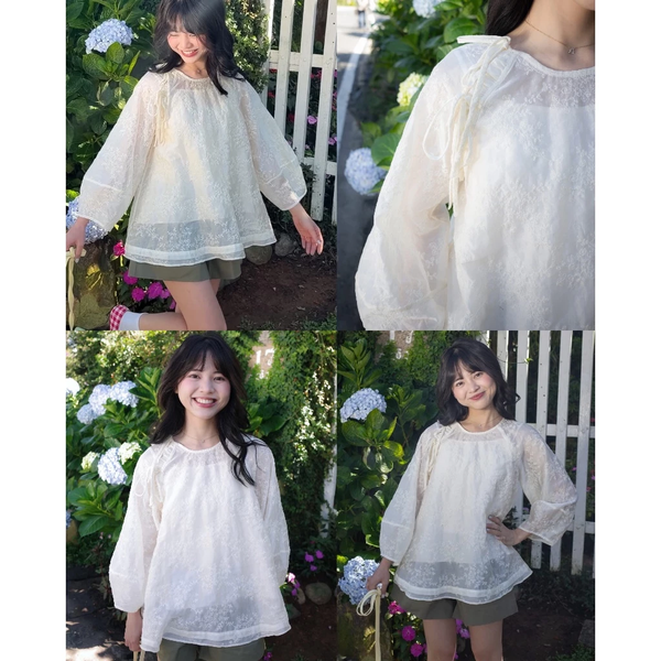 Áo babydoll tiểu thư dệt hoa nổi tay phồng kèm lót trong cao cấp - 068