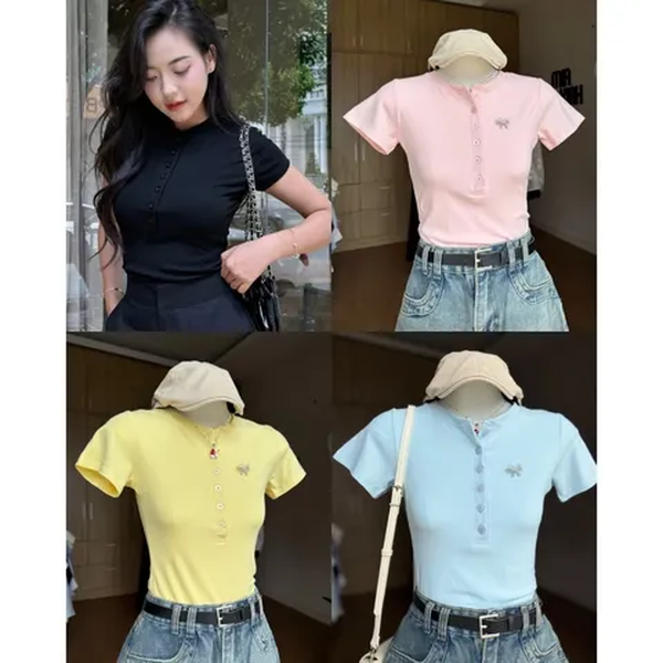 Áo croptop thun gân ôm body phối cúc tôn dáng mềm mịn - 080