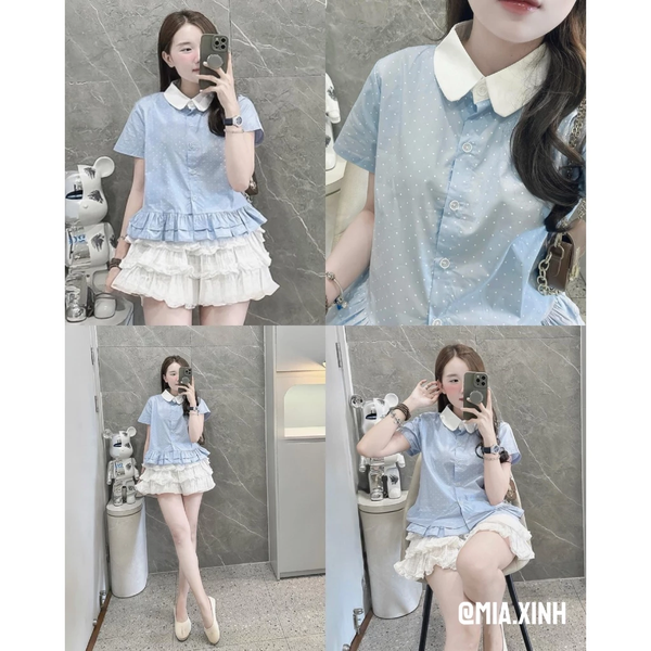 Áo sơ mi croptop cổ sen phối bèo tầng xanh chấm bi chất kate lụa - 085
