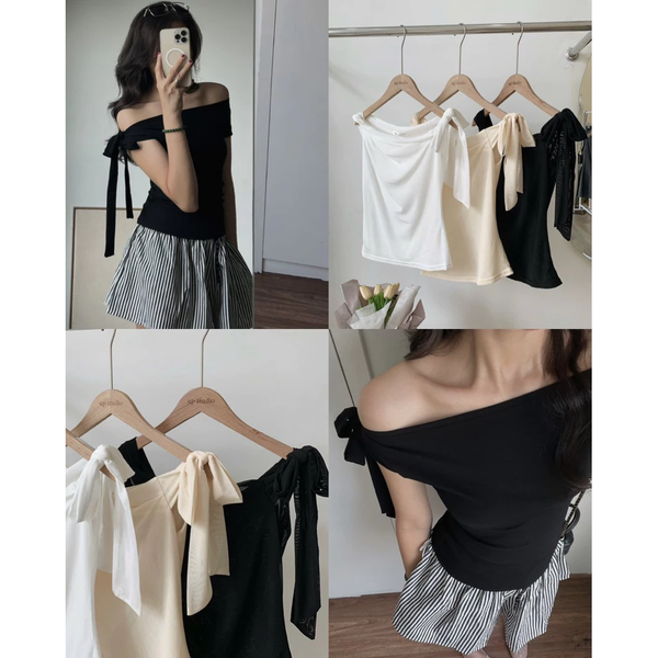 Áo lệch vai thắt nơ chất lưới 2 lớp phong cách Hàn Quốc thanh lịch - 096