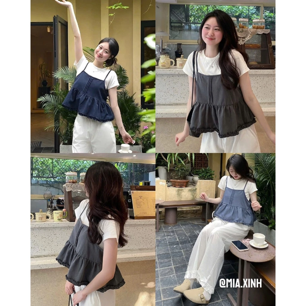 Set áo thun cotton phối hai dây tơ dáng xòe tiểu thư thanh lịch - 098