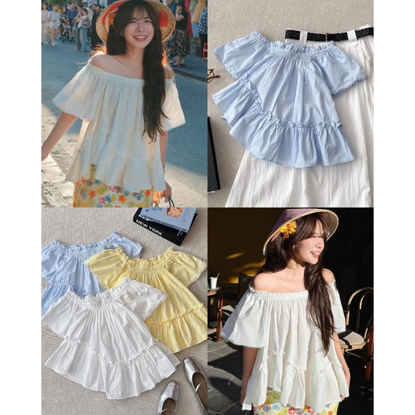 Áo trễ vai tà xéo nhún bèo cotton tự nhiên phong cách tiểu thư - 104