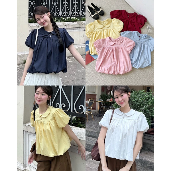 Áo kiểu cổ sen chất gió lụa dệt hoa hai lớp dáng phồng tiểu thư -105