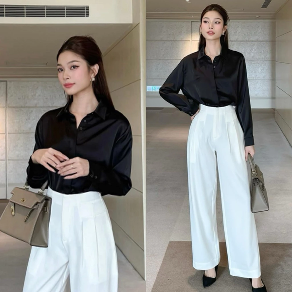 Áo sơ mi lụa Hàn Châu giấu cúc thanh lịch không nhăn cho nàng công sở - 107