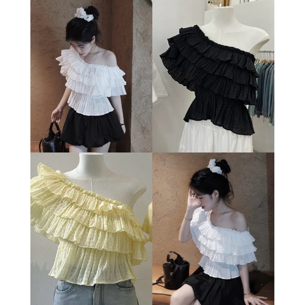 Áo trễ vai tơ nhún 3 tầng cao cấp mặc 4 kiểu phong cách Hàn Quốc - 112