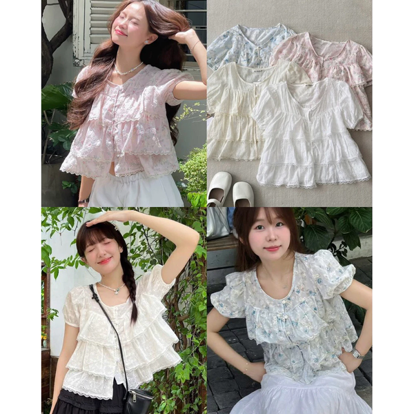 Áo croptop babydoll voan hoa 3 tầng tay bồng tiểu thư ngọt ngào - 115